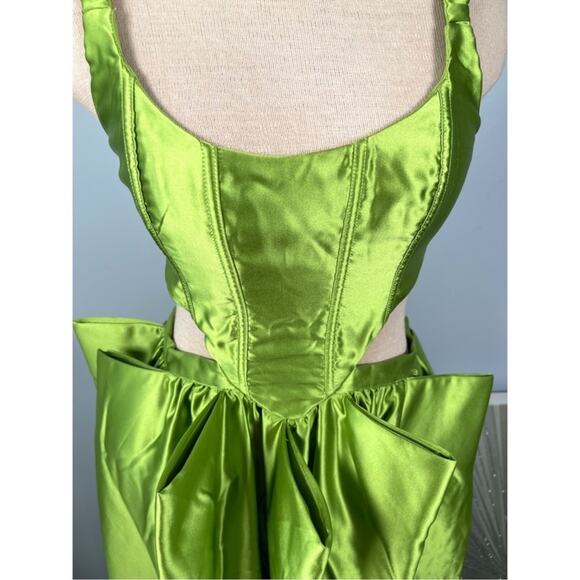 For Love & Lemons Virginia Pleated Cutout Satin Green Maxi Dress Sz XS - Picture 8 of 14